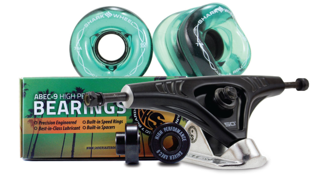 60MM BUNDLES. TRANSPARENT EMERALD CALIFORNIA ROLL WHEELS WITH ABEC 9 BEARINGS & PRO SERIES TRUCKS